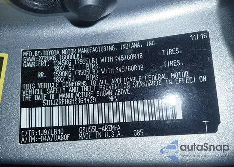 2017 Toyota Highlander Xle z USA, uszkodzony, nr VIN 5TDJZRFH6HS361429